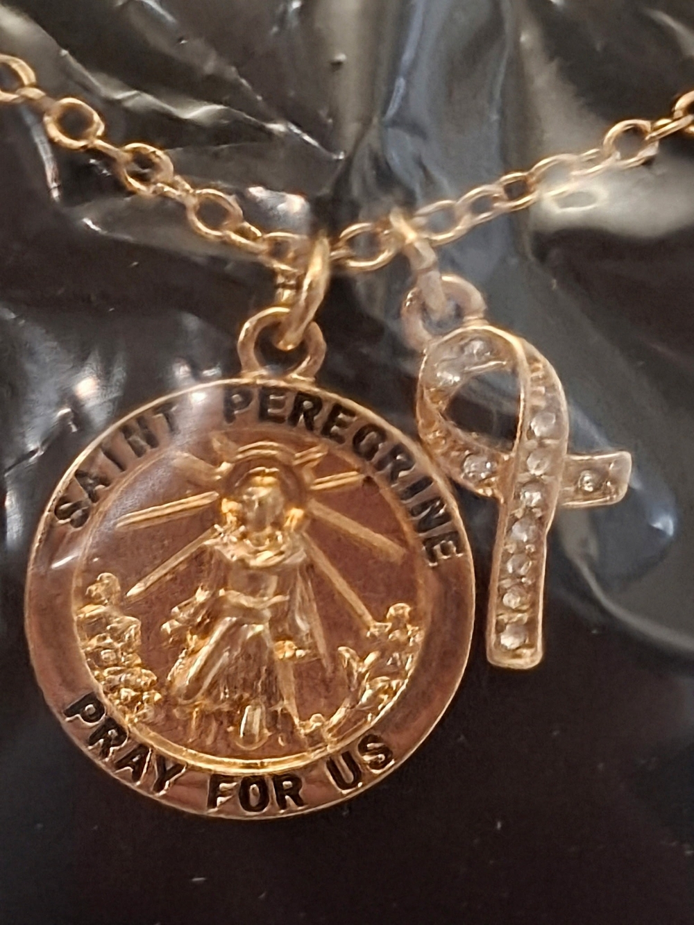 Avon Vintage Gold-Tone Saint Peregrine Medal Necklace with Ribbon Charm